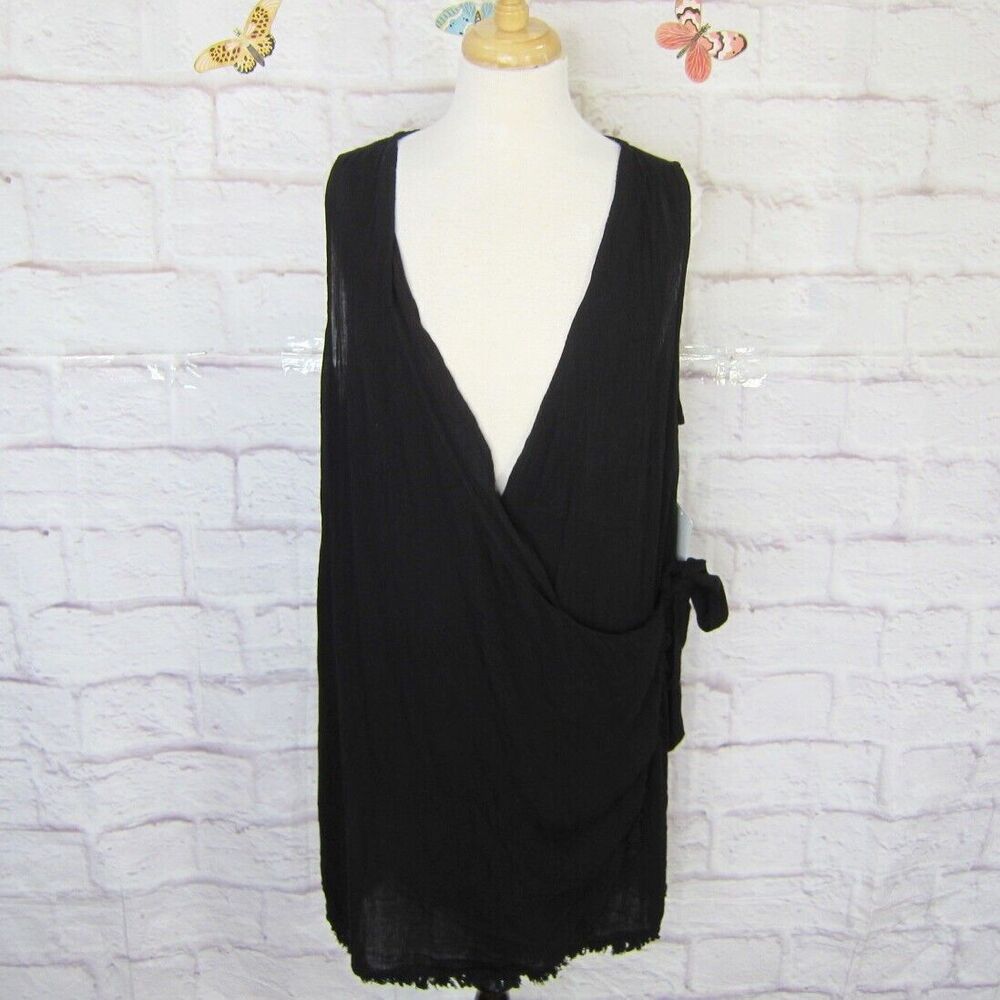 Swimsuits For All Women’s 18/20 Cover Up Black Sleeveless Side Tie Fringe Trim